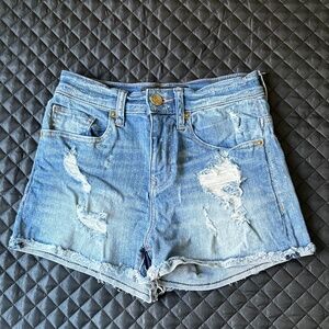 Express High Waisted Medium Wash Raw Hem Denim Shorts, Size 00
